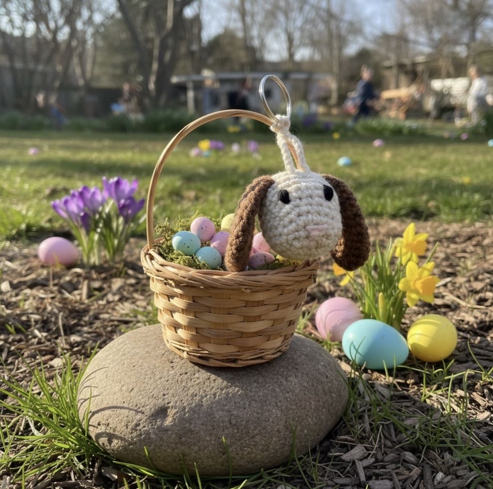 Crocheted bunny with a basket of Easter eggs in a park setting